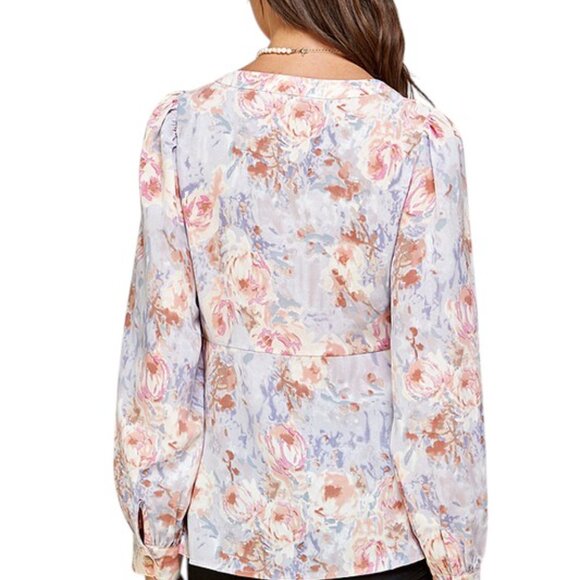Floral Sweetheart Neckline Button Down Pink, Purple, and White Blouse - Picture 3 of 7